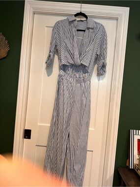 Cider Blue and White Striped Jumpsuit
